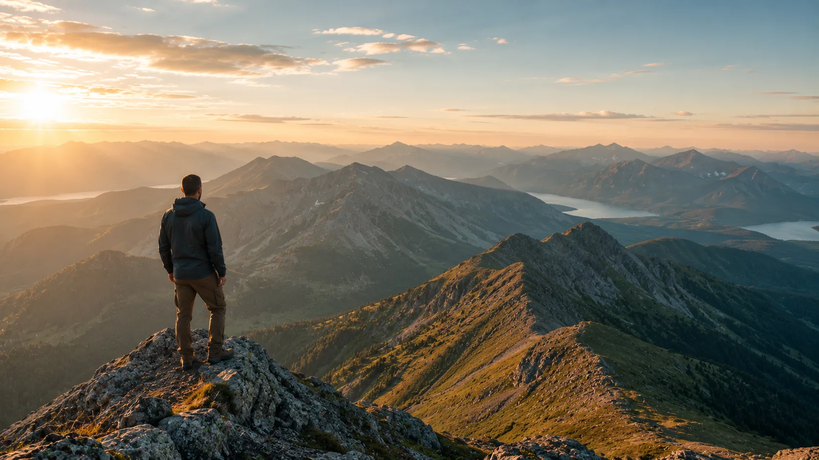 A hiker taking in a wide mountain range at sunrise