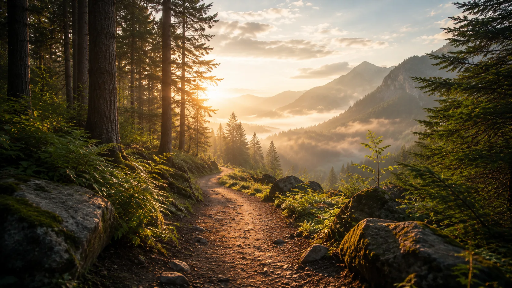 A forest trail rising toward sunlit peaks