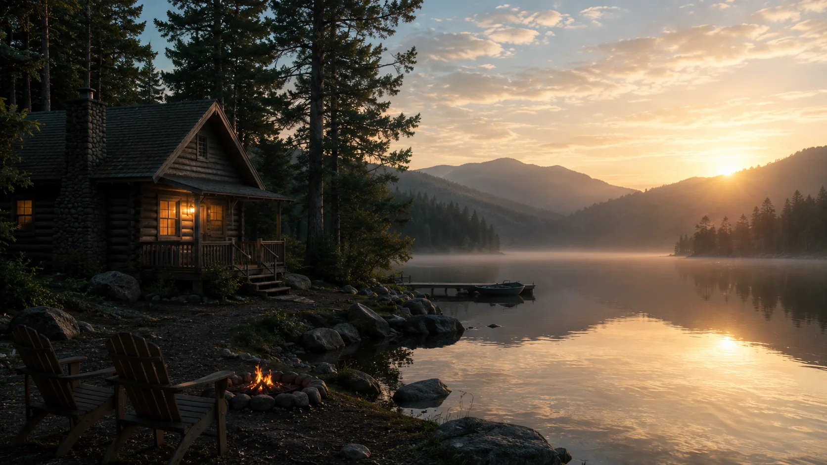 A cabin by a still lake at first light
